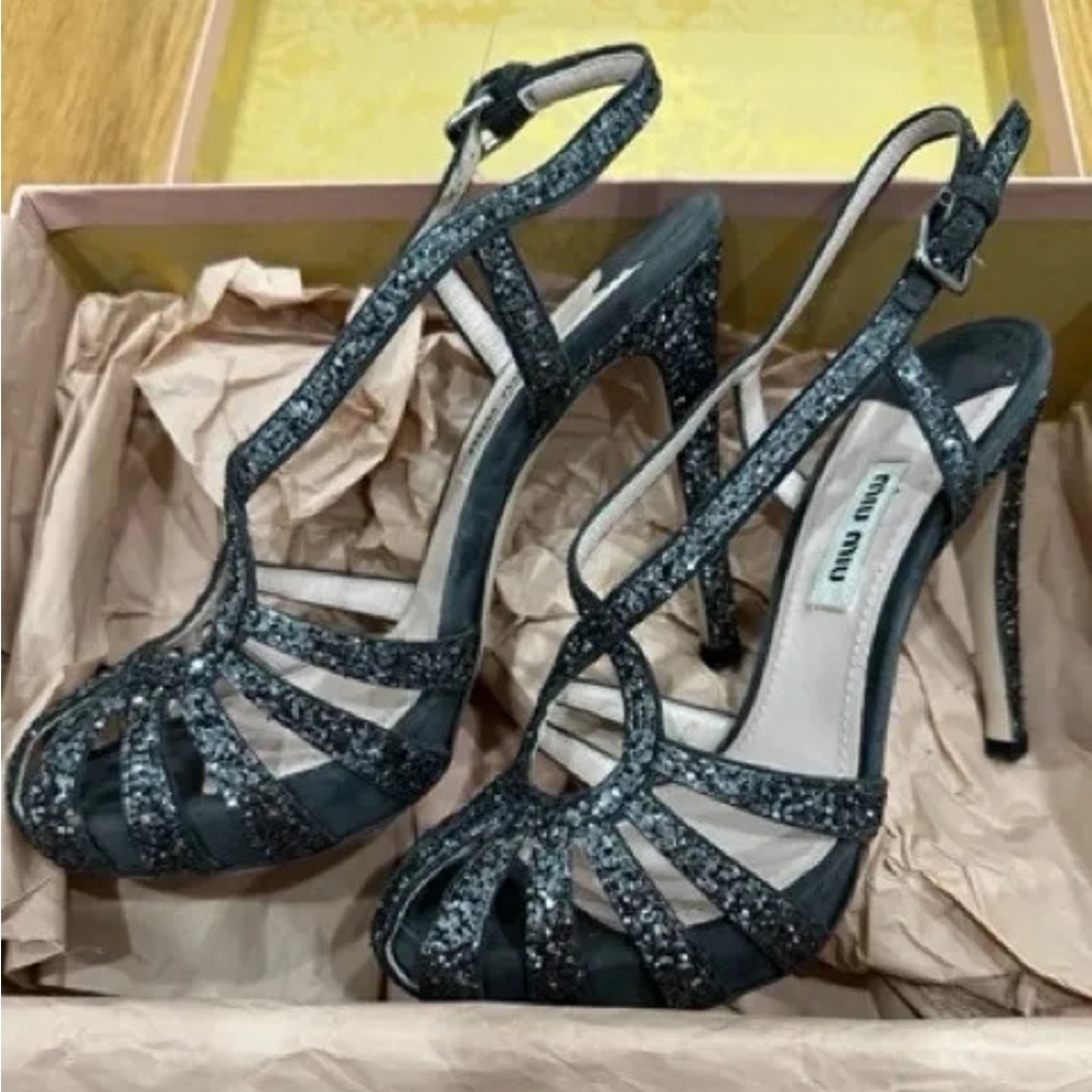 MIU MIU Authentic Glitter Heel Sandals Women Shoes EU 35.5, US 5.5 NEW WITH BOX
